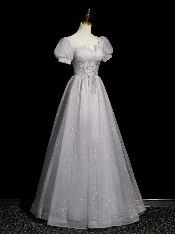Élégant Gris Perlage Paillettes Robe De Bal 2023 Princesse Encolure Carrée Gonflée Manches Courtes Dos Nu Longue Promo Robe De Ceremonie