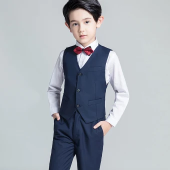 Navy Blue 4 Piece Short Sleeve Boys Wedding Suits 2022 Pants Shirt Tie Vest Wedding