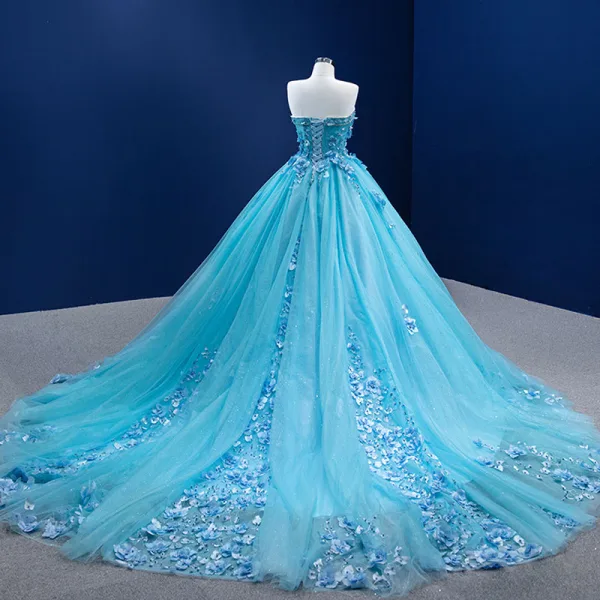 Fashion Pool Blue Pearl Rhinestone Appliques Prom Dresses 2022 Ball Gown Strapless Sleeveless Floor-Length / Long Formal Dresses