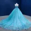 Fashion Pool Blue Pearl Rhinestone Appliques Prom Dresses 2022 Ball Gown Strapless Sleeveless Floor-Length / Long Formal Dresses