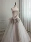 Chic / Beautiful Grey Pearl Sequins Bow Prom Dresses 2023 Ball Gown Strapless Sleeveless Backless Floor-Length / Long Prom Formal Dresses