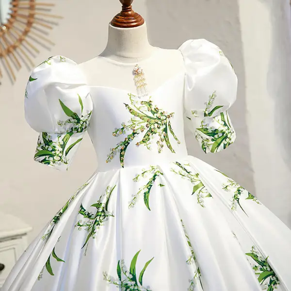 Vintage / Originale Ivoire Satin Anniversaire Paillettes Impression Robe Ceremonie Fille 2022 Robe Boule Encolure Dégagée Gonflée Manches Courtes Dos Nu Longue Robe Ceremonie Fille