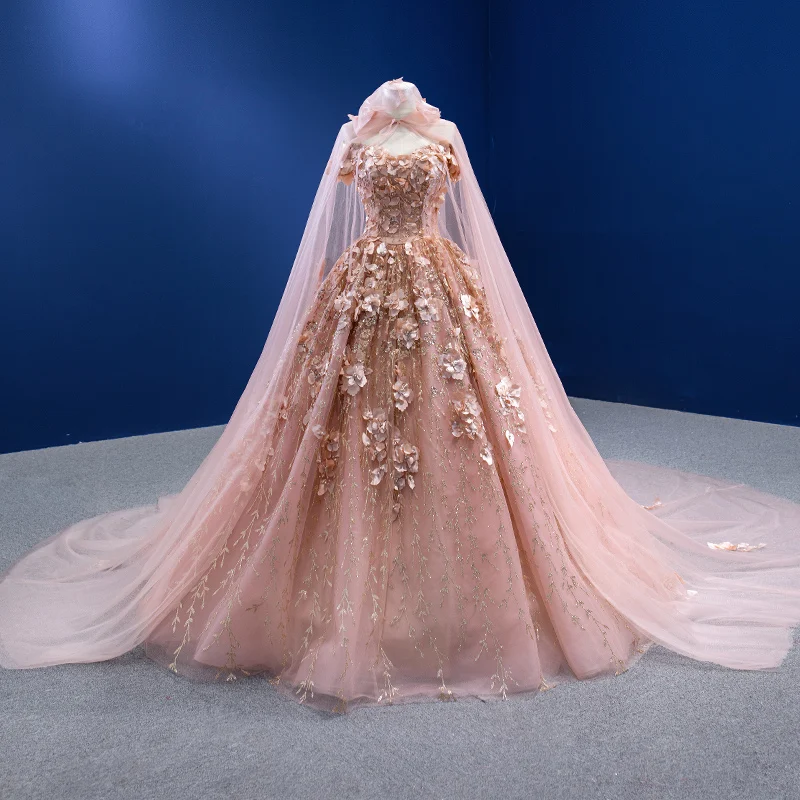 Luxury Gorgeous Dusky Pink Appliques Wedding Dresses 2022 Ball Gown With  Cloak Off The Shoulder Pearl Sequins Short Sleeve Backless Floor Length  Long Wedding