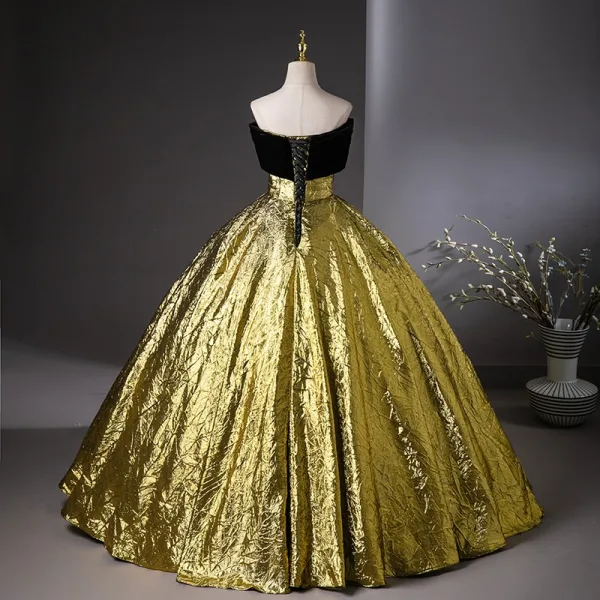 Vintage / Retro Black Gold Ball Gown Prom Dresses 2024 Strapless Sleeveless Backless Floor-Length / Long Prom Formal Dresses