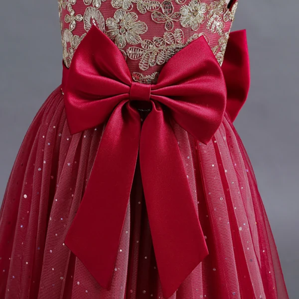 Chic / Belle Bordeaux Paillettes En Dentelle Fleur Anniversaire Robe Ceremonie Fille 2024 Robe Boule Encolure Dégagée Mancherons Noeud Ceinture Longue