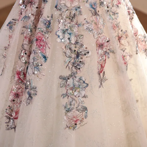 Vintage / Originale Bling Bling Blanche Paillettes En Dentelle Fleur Anniversaire Robe Ceremonie Fille 2026 Robe Boule Encolure Dégagée Sans Manches Dos Nu Longue Tulle