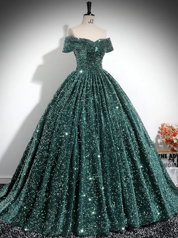 Sparkly Dark Green Sequins Prom Dresses 2024 Ball Gown Off-The-Shoulder Sleeveless Backless Floor-Length / Long Prom Formal Dresses