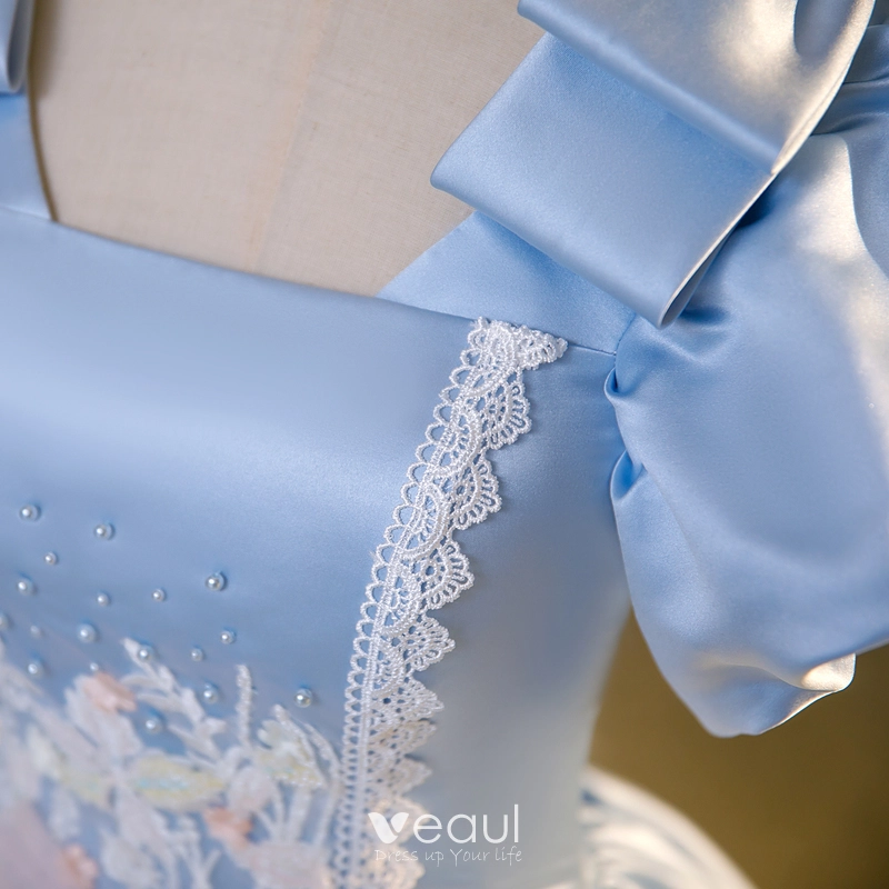 Pearls Embellished Sky Blue Satin Puffy Prom Dress - Xdressy