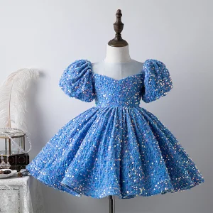 Sparkly Pool Blue Sequins Prom Flower Girl Dresses 2022 Ball Gown Scoop Neck Short Sleeve Short Flower Girl Dresses