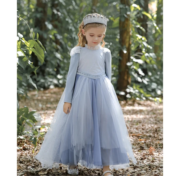 Chic / Beautiful Sky Blue Sequins Birthday Flower Girl Dresses 2023 A-Line / Princess High Neck Floor-Length / Long Tulle Flower Girl Dresses