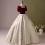 Elegant Burgundy Printing Prom Dresses 2024 Ball Gown Square Neckline Short Sleeve Backless Floor-Length / Long Prom Formal Dresses