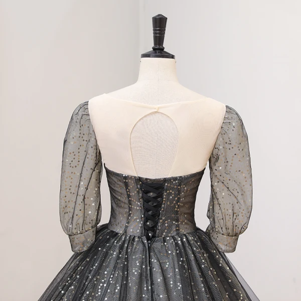 Sparkly Black Sequins Prom Dresses 2022 Ball Gown Scoop Neck 1/2 Sleeves Backless Floor-Length / Long Prom Formal Dresses
