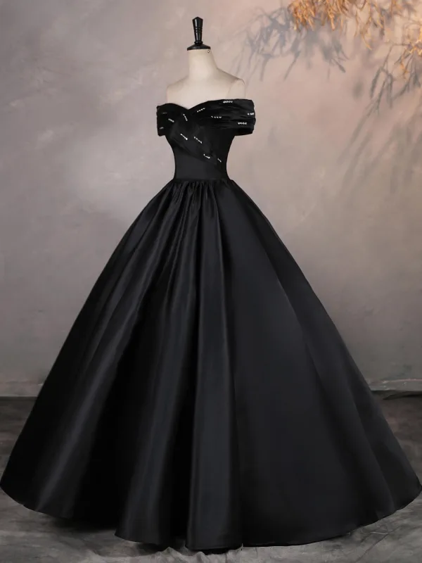Elegant Black Satin Prom Dresses 2025 Ball Gown Off-The-Shoulder Short Sleeve Backless Floor-Length / Long Formal Dresses