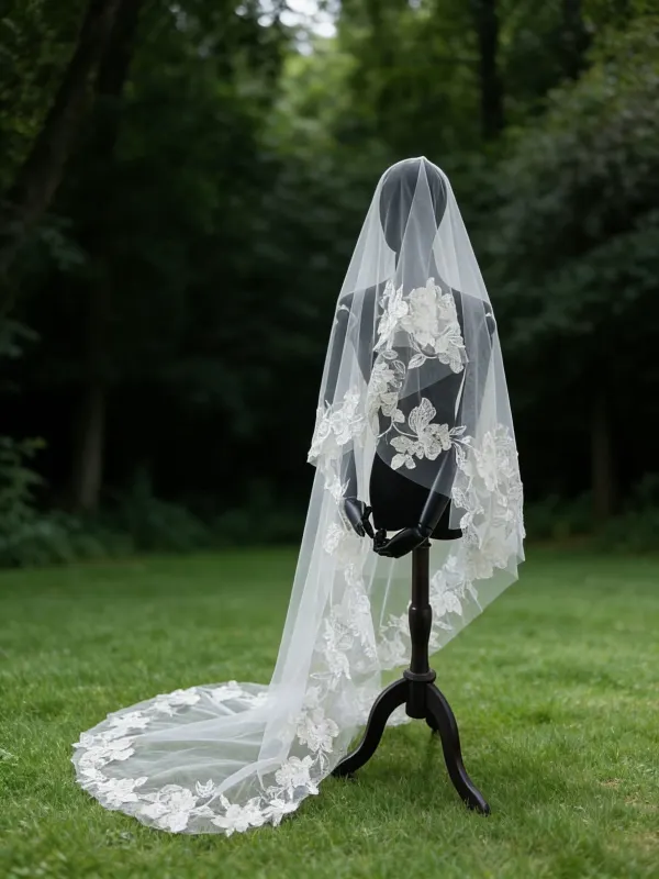 Vintage / Retro White Lace Flower 3 m Wedding Veils 2026 Tulle