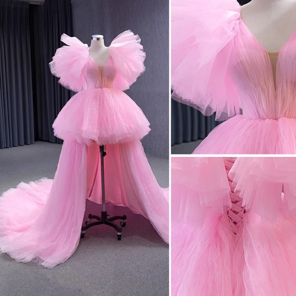 Unusual Candy Pink Summer Cascading Ruffles Prom Dresses Party Dresses 2023 Ball Gown V-Neck Ruffle Short Sleeve Court Train Prom Formal Dresses