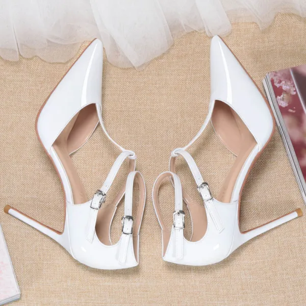 Chic / Beautiful Nude Street Wear Patent Leather Womens Sandals 2020 T-Strap 10 cm Stiletto Heels Pointed Toe Sandals