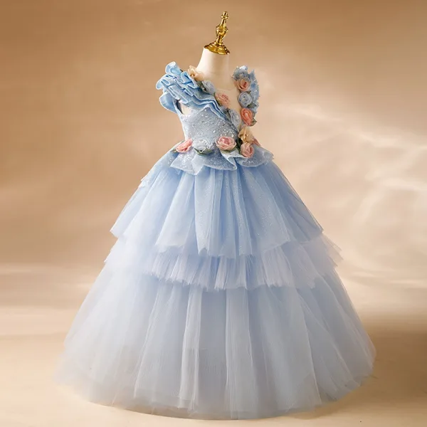 Blumenfee Himmelblau Applikationen Pailletten Fallende Rüsche Blumenmädchenkleider 2024 Ballkleid Rundhalsausschnitt Ärmellos Rückenfreies Lange Ball Blumenmädchenkleider