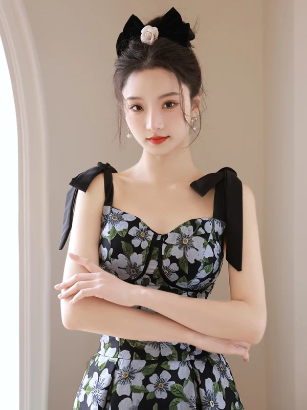 Chic / Beautiful Black Printing Homecoming Graduation Dresses 2023 A-Line / Princess Spaghetti Straps Bow Sleeveless Backless Floor-Length / Long Formal Dresses