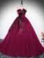 Elegant Burgundy Prom Dresses 2024 Ball Gown Strapless Sleeveless Backless Tulle Prom Floor-Length / Long Formal Dresses