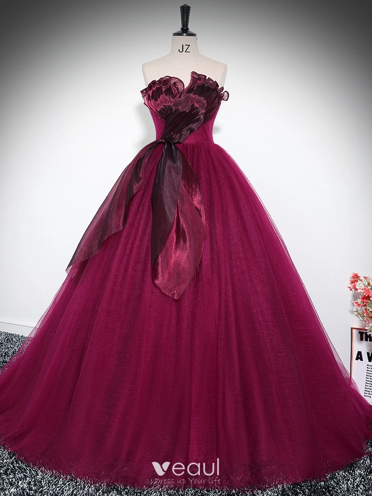 strapless burgundy prom dress Burgundy A-Line Sparkly Strapless Modest Long Prom Dresses, Ball Gown, –  SposaBridal
