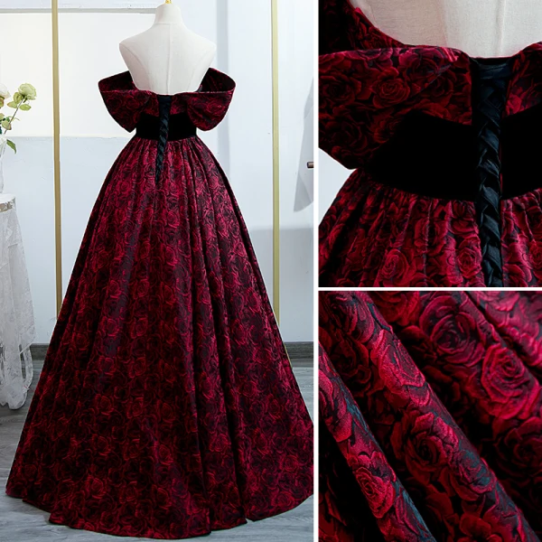 Élégant Bordeaux Impression Robe De Bal 2022 Robe Boule De l'épaule Manches Courtes Dos Nu Longue Robe De Ceremonie