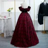 Elegant Burgundy Printing Prom Dresses 2022 Ball Gown Off-The-Shoulder Short Sleeve Backless Floor-Length / Long Formal Dresses