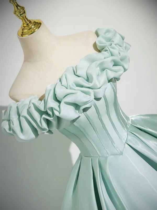 Elegant Mint Green Satin Prom Dresses Ball Gown 2025 Off-The-Shoulder Short Sleeve Backless Floor-Length / Long Formal Dresses