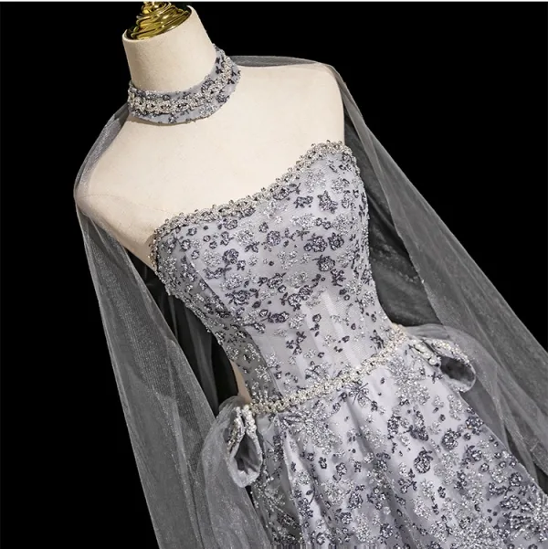 Glamorous Grey Beading Pearl Glitter Sequins Evening Dresses 2025 A-Line / Princess Strapless Sleeveless Backless Floor-Length / Long Evening Party Formal Dresses