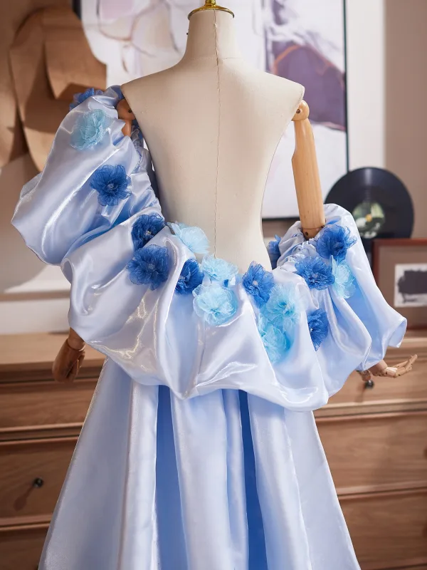 Elegant Himmelen Blå Håndlaget Appliques Ball Satin Sjal Korte Ermer 2026