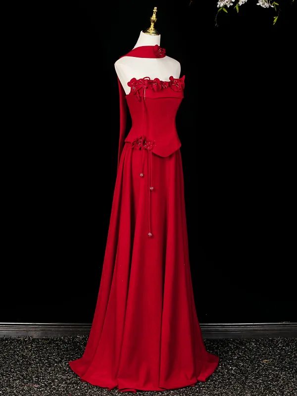 Chic / Beautiful Red Beading Appliques Evening Dresses 2026 A-Line / Princess Strapless Sleeveless Backless Floor-Length / Long Formal Dresses