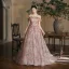 Flower Fairy Blushing Pink Appliques Printing A-Line / Princess Prom Dresses 2025 Off-The-Shoulder Sleeveless Backless Floor-Length / Long Prom Formal Dresses