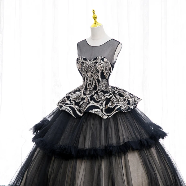 Elegant Black Sequins Lace Flower Prom Dresses 2022 Ball Gown Scoop Neck Sleeveless Backless Floor-Length / Long Prom Formal Dresses