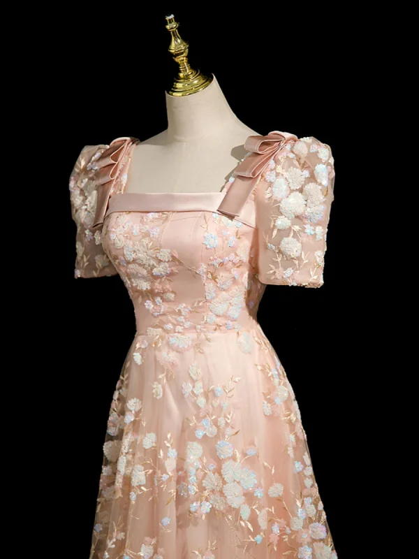 Chic / Beautiful Champagne Sequins Lace Flower Prom Dresses 2024 A-Line / Princess Square Neckline Short Sleeve Backless Floor-Length / Long Prom Formal Dresses