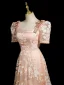 Chic / Beautiful Champagne Sequins Lace Flower Prom Dresses 2024 A-Line / Princess Square Neckline Short Sleeve Backless Floor-Length / Long Prom Formal Dresses