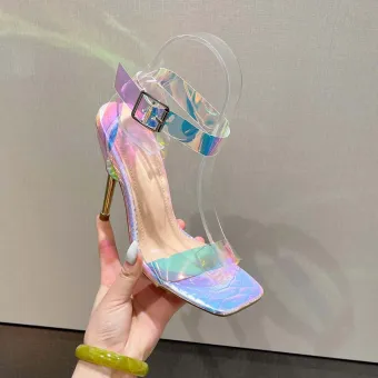 Sexy Été Transparente Laser Soirée Sandales Femme Talons Hauts 2022 11 Cm Talons Aiguilles Bride Cheville Peep Toes Bout Ouvert Sandales Femme