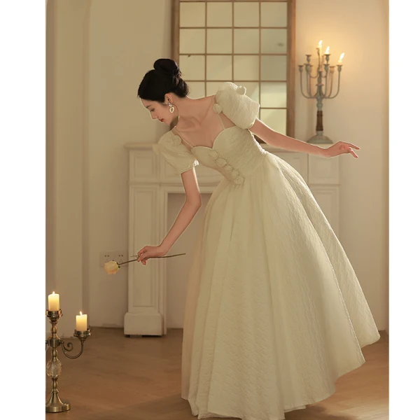 Elegant Ivory Pearl Appliques Prom Dresses 2022 A-Line / Princess Square Neckline Short Sleeve Backless Floor-Length / Long Prom Formal Dresses