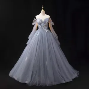 Fashion Sky Blue Lace Flower Prom Dresses 2024 Ball Gown Off The Shoulder Long Sleeve Backless Floor Length Long Formal Dresses