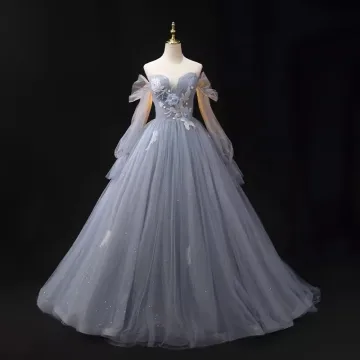 Mode Bleu Ciel En Dentelle Fleur Robe De Bal 2024 Robe Boule De L Épaule Manches Longues Dos Nu Longue Robe De Ceremonie