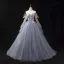 Fashion Sky Blue Lace Flower Prom Dresses 2024 Ball Gown Off-The-Shoulder Long Sleeve Backless Floor-Length / Long Formal Dresses