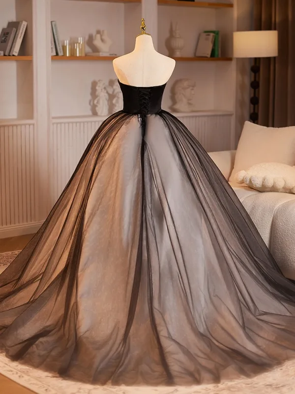 Audrey Hepburn-Stil Schwarz Applikationen Ballkleider Ballkleid 2024 Bandeau Ärmellos Rückenfreies Lange Ball Festliche Kleider
