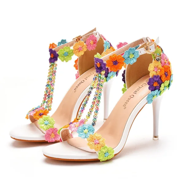 Chic / Beautiful Flower Fairy Multi-Colors Wedding Shoes 2022 Lace Flower Pearl T-Strap 9 cm Stiletto Heels Open / Peep Toe Wedding Sandals High Heels