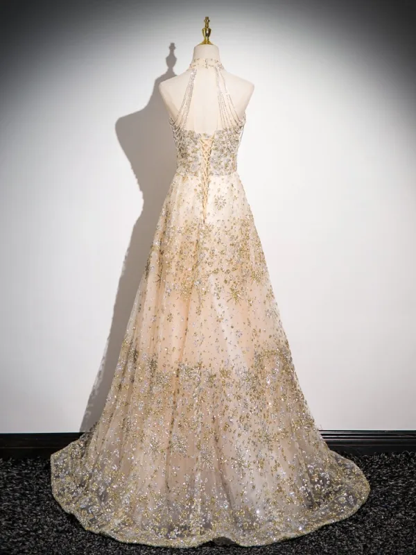 Sparkly Champagne Rhinestone Sequins Prom Dresses 2024 A-Line / Princess High Neck Sleeveless Backless Floor-Length / Long Prom Formal Dresses
