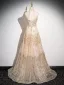 Sparkly Champagne Rhinestone Sequins Prom Dresses 2024 A-Line / Princess High Neck Sleeveless Backless Floor-Length / Long Prom Formal Dresses