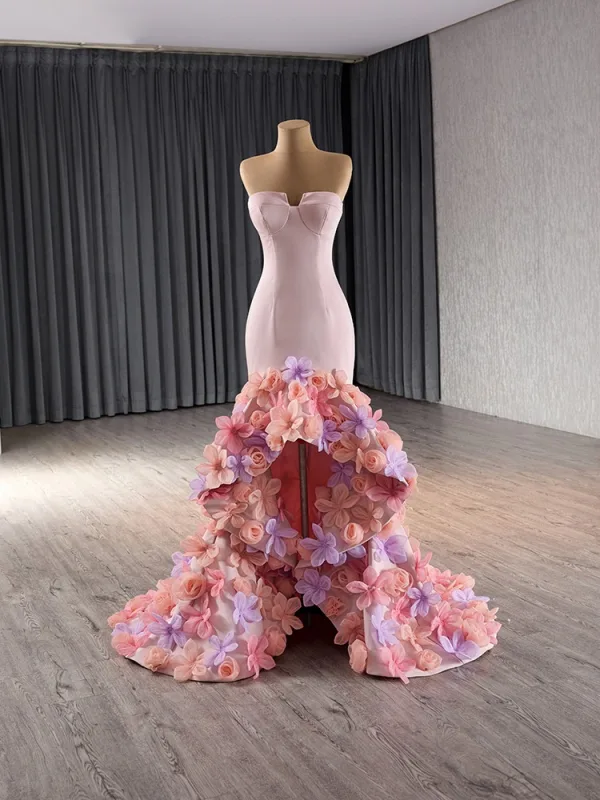 High-end Flower Fairy Blushing Pink Appliques Asymmetrical Prom Dresses 2024 Trumpet / Mermaid Strapless Long Sleeve Backless Prom Formal Dresses
