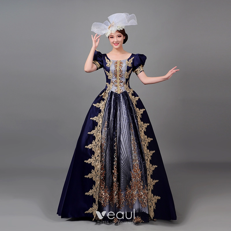Medieval Vintage Retro Navy Blue Beading Lace Flower Sequins Prom Dresses  2022 Ball Gown U Neck Puffy Short Sleeve Floor Length Long Formal Dresses