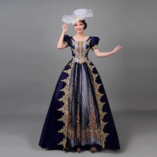 Medieval Vintage / Retro Navy Blue Beading Lace Flower Sequins Prom Dresses 2022 Ball Gown U-Neck Puffy Short Sleeve Floor-Length / Long Formal Dresses