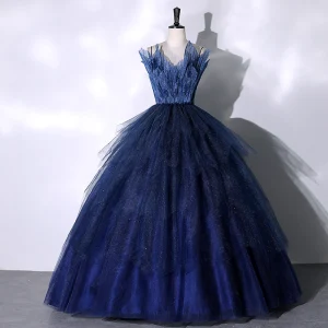 Charming Navy Blue Glitter Cascading Ruffles Prom Dresses 2023 Ball Gown Spaghetti Straps Sleeveless Backless Floor Length Long Prom Formal Dresses