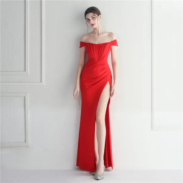 Chic / Beautiful White Split Front Evening Dresses 2024 Trumpet / Mermaid Off-The-Shoulder Sleeveless Backless Floor-Length / Long Evening Party Formal Dresses