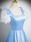 Chic / Beautiful Sky Blue Prom Dresses 2024 A-Line / Princess Square Neckline Bow Puffy Short Sleeve Backless Floor-Length / Long Prom Formal Dresses