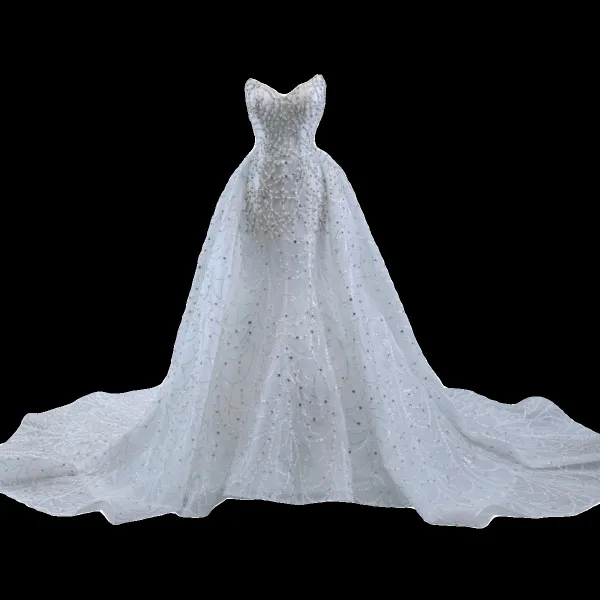 Occidental Blanche Fait main Perlage Perle Paillettes Robe De Mariée 2024 Trompette / Sirène Bustier Sans Manches Dos Nu Tribunal Train